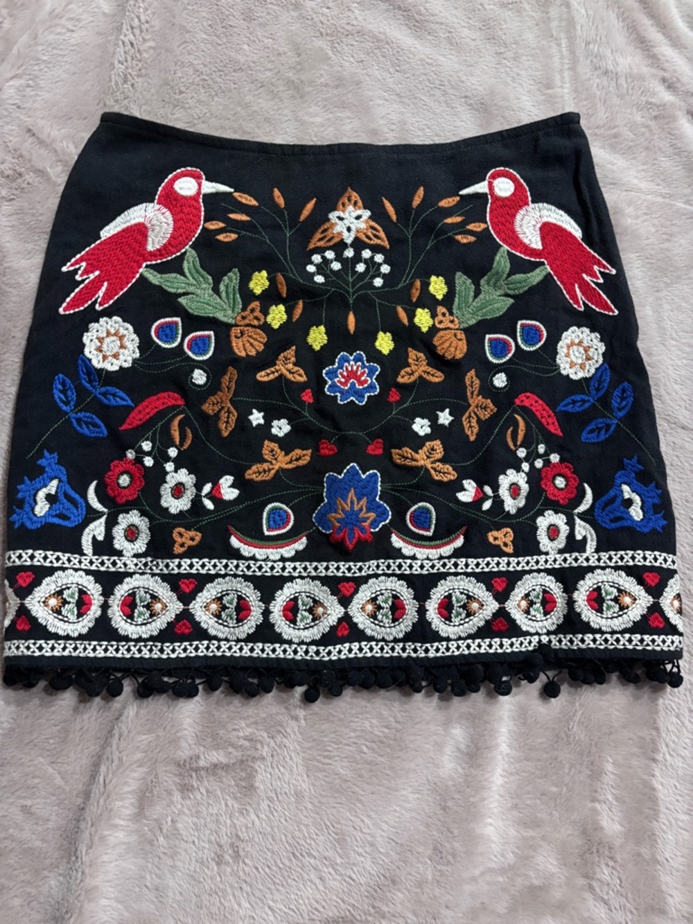 Altar’d State Black Embroidered Mini Skirt with Multicolor Folk Motif